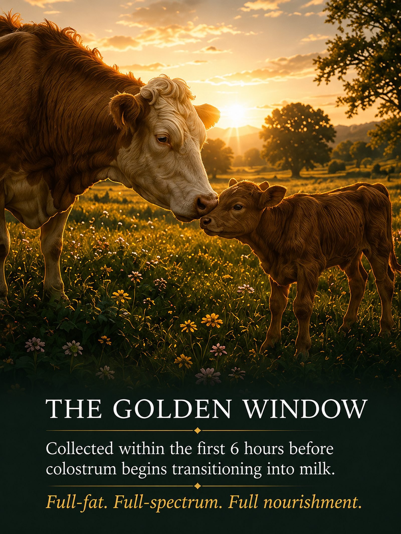 Mother cow and newborn calf at sunrise representing certified first 6-hour colostrum collection
