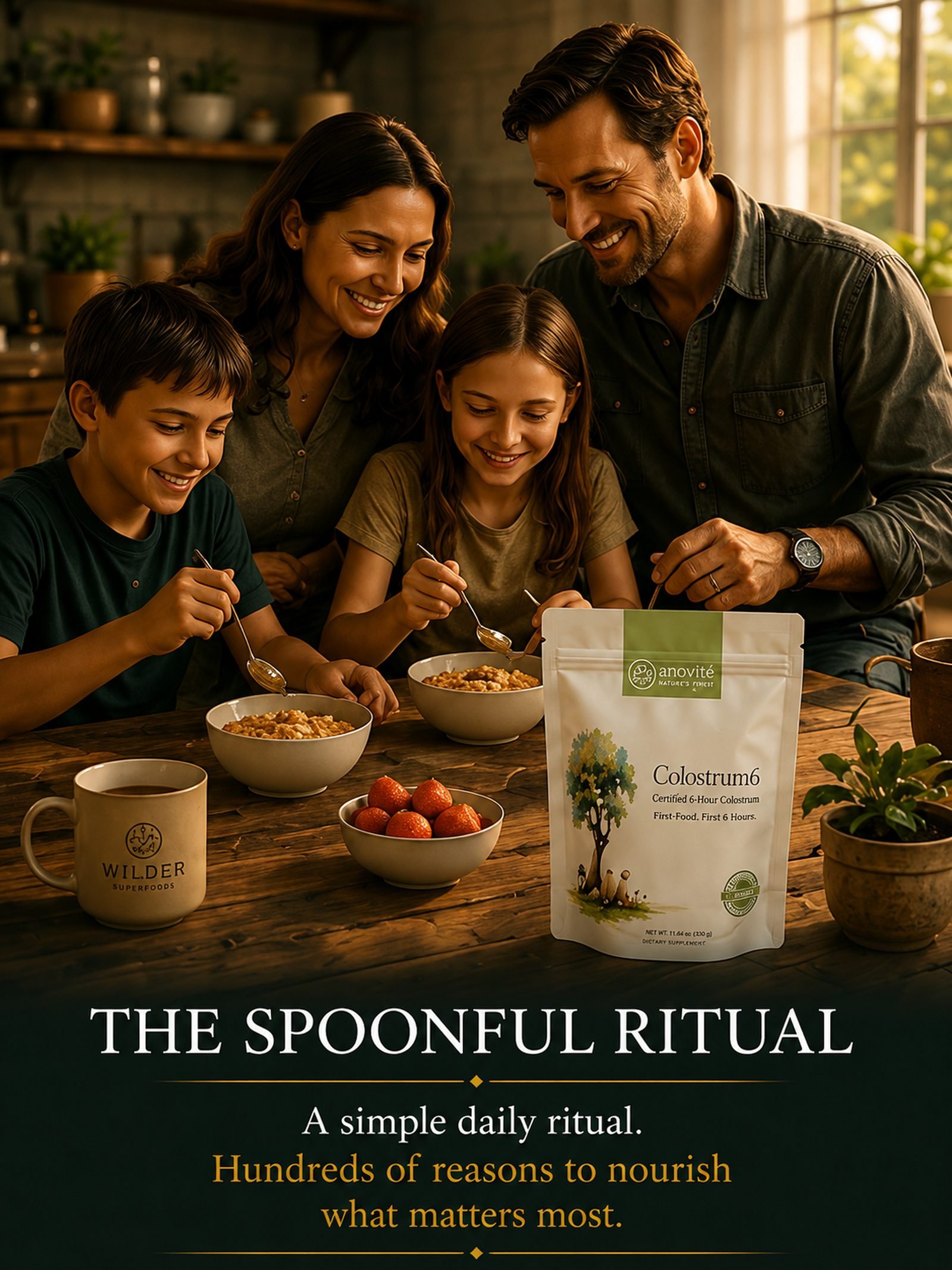 Busy family sharing realistic spoonful servings from small bowls at the kitchen table