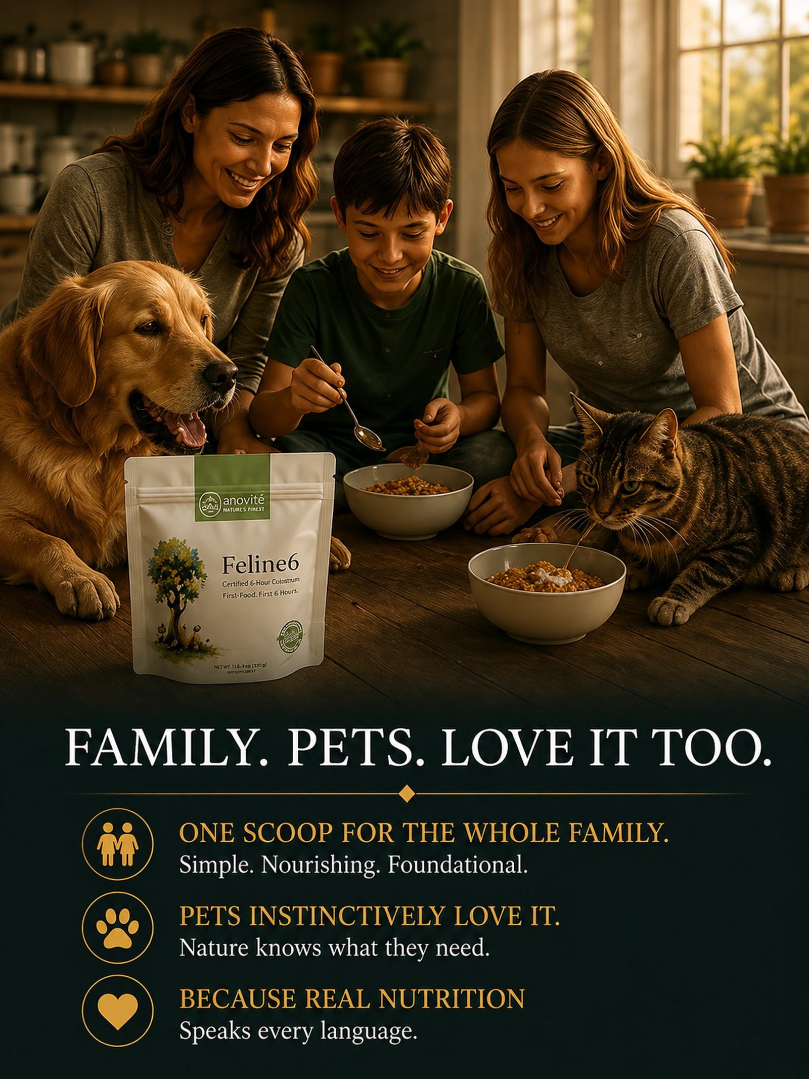 Family and pets gathered around small servings with real Canine6 and Feline6 product imagery